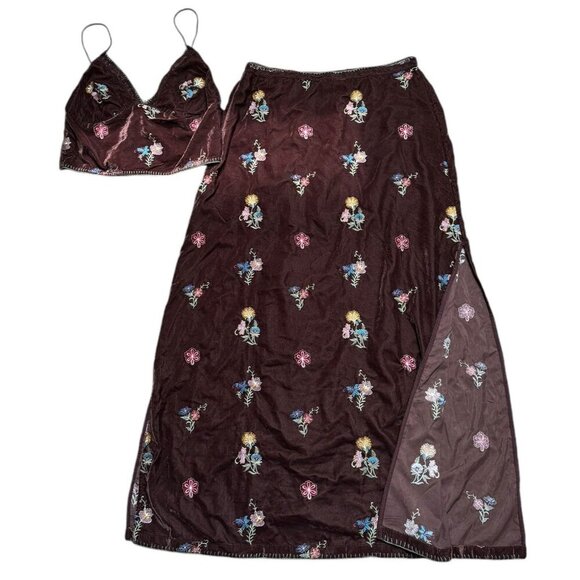 Free People Sz M Sonja Skirt Tank Set Maxi Brown Velvet Floral Boho Festival New - Picture 1 of 10